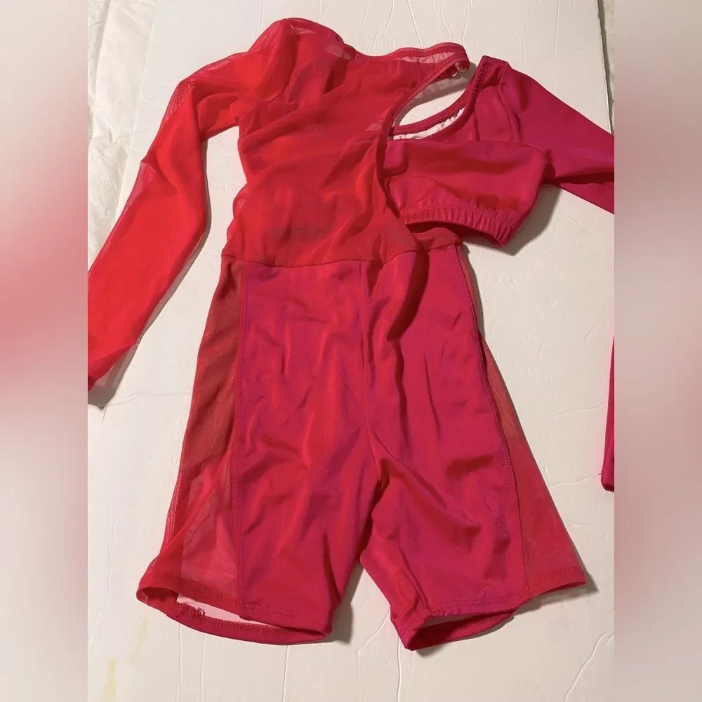 The Line up dance costume 2 piece hot Barbie pink CARLSBAD BIKETARD youth 12